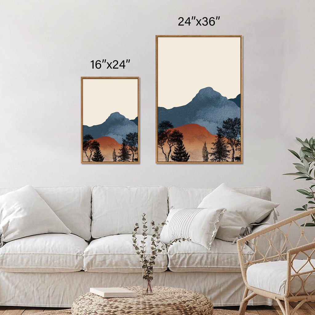 Boho Mountain Framed Canvas Wall Art Set of 3, Watercolor Nature Landscape Art Prints, Modern Sunrise Art Paintings