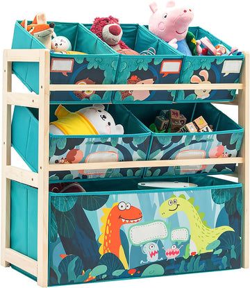 Toy Storage Organizer 6 Bins Wood Shelf with Dinosaur Design | toy rack storage bin organizer wooden bookshelf
