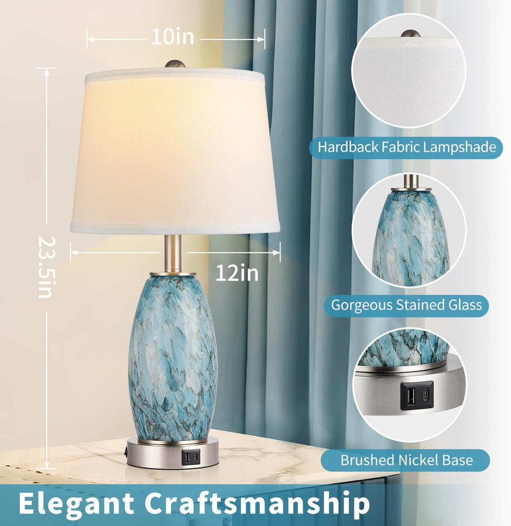 Glass Table Lamp with 3-Way Lighting Modes & USB C+A - Coastal Modern Style Nightstand Lamp Decoration (23.5" H)
