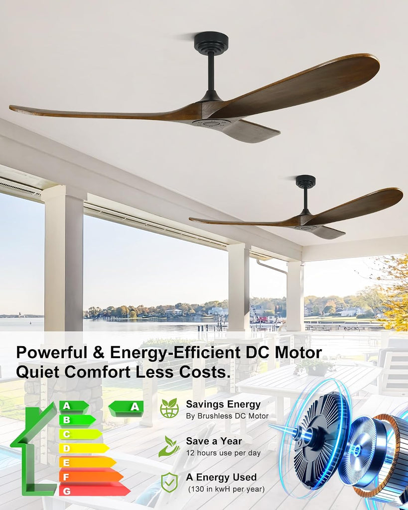 72" Ceiling Fans without Lights, Wood Large Ceiling Fan no Light with Remote Alexa Google App
