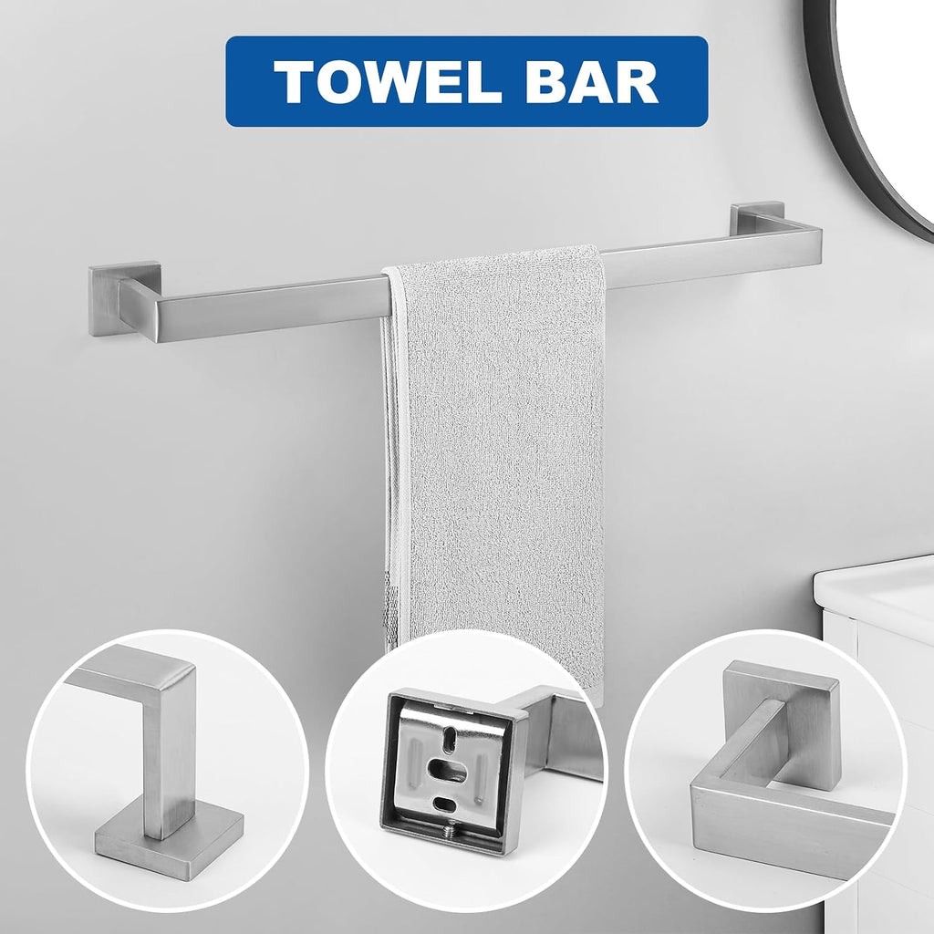 15-Pieces Brushed Nickel Bathroom Hardware Set, 24 inch Towel Bar Set | Towel Bar, Square Towel Ring Toilet Paper