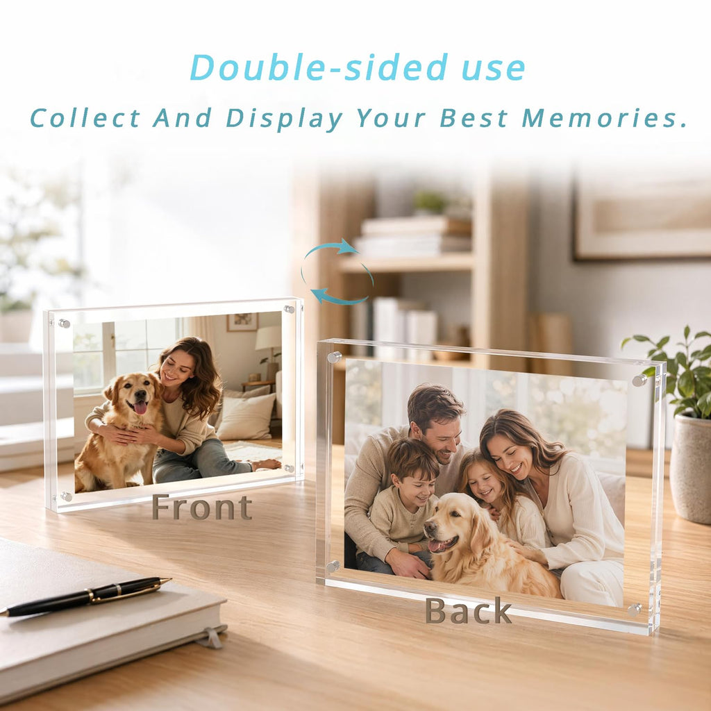 Acrylic Picture Frame 4x6, Clear Freestanding Double Sided 20mm Thickness Frameless Magnetic Photo Frames Desktop