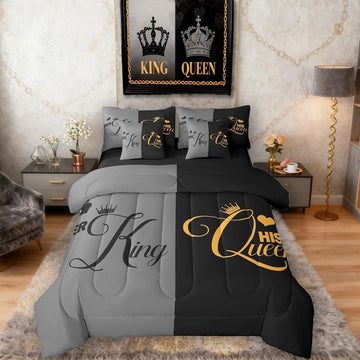 King and Queen Comforter Set 7 Piece Bed in a Bag Twin,Her King and His Queen Crown Comforter and Sheet Set,Romantic - Set of 7