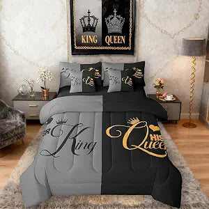 King and Queen Comforter Set 7 Piece Bed in a Bag Twin,Her King and His Queen Crown Comforter and Sheet Set,Romantic - Set of 7