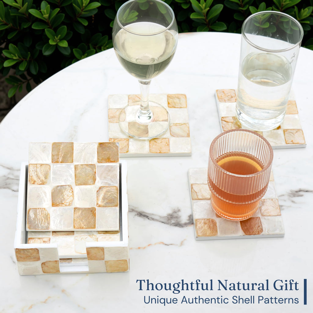 4" Capiz Shell Mosaic Square Coasters Set 6 with Holder, Ivory