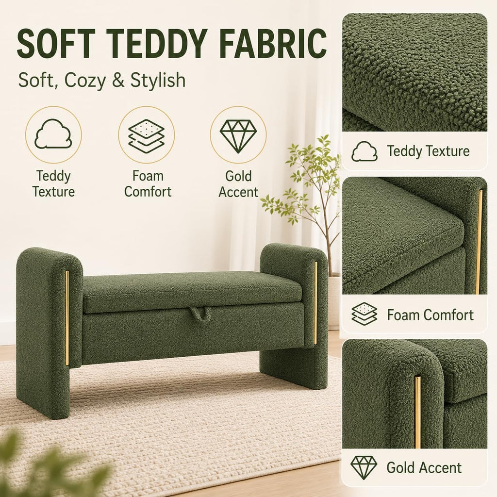 Modern 52" Storage Ottoman Bench, Upholstered End of Bed Storage Bench with Armrests, Entryway Bench, Teddy Foot Rest