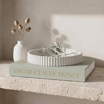 Decorative Concrete Tray & Book Decor Set - Scalloped Tray & Linen Box Enhance Your Coffee Table or Bookshelf Decor
