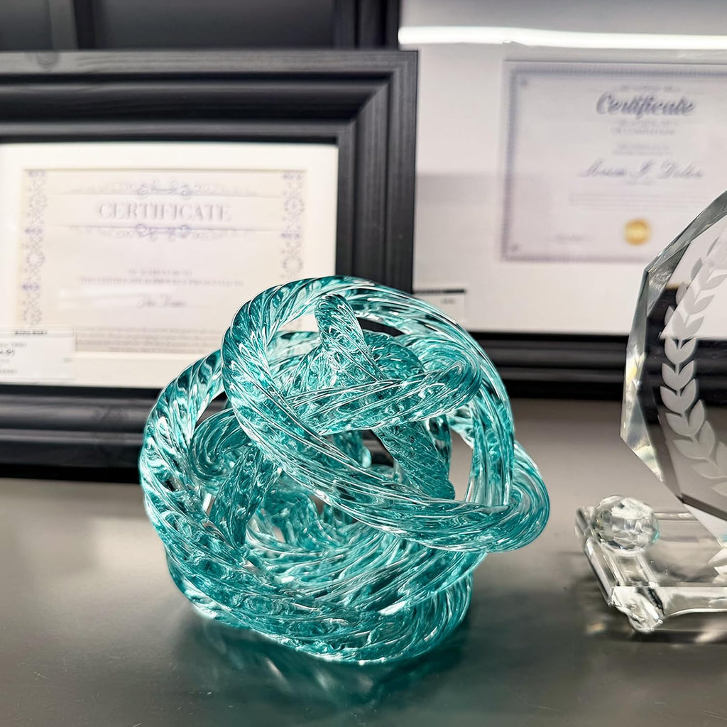 Glass Knot Teal Orbit Ball - 5 Inch Hand Blown Infinity Sculpture Decor Glass Orbit Home Decor Table Decoration
