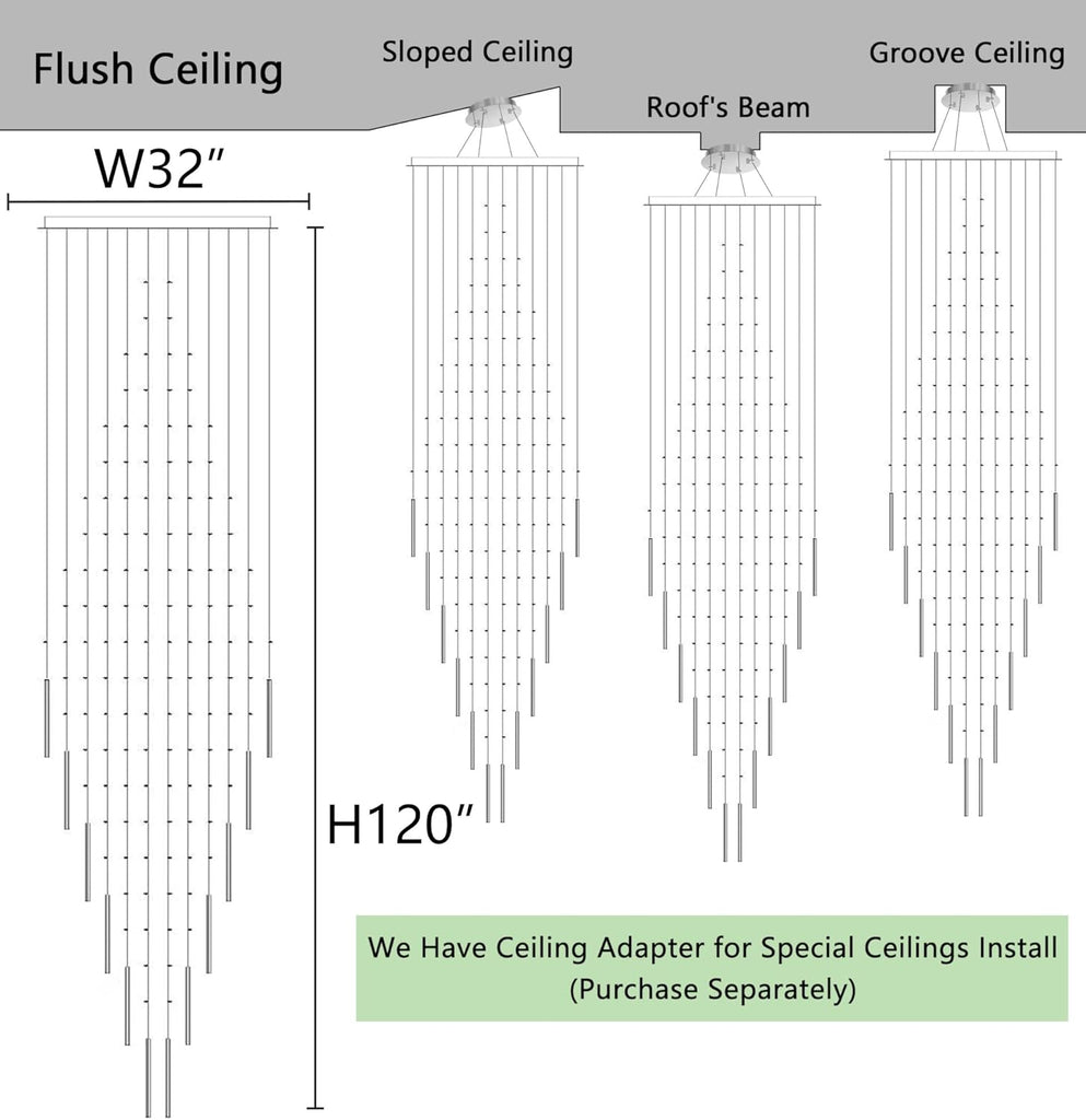 W32 x H120 Glam Chandelier with LED Bulbs Crystal Raindrop High Ceiling Pendant Light for Entrance Large Villa Chandelier Foyer Lighting Fixtures Silver