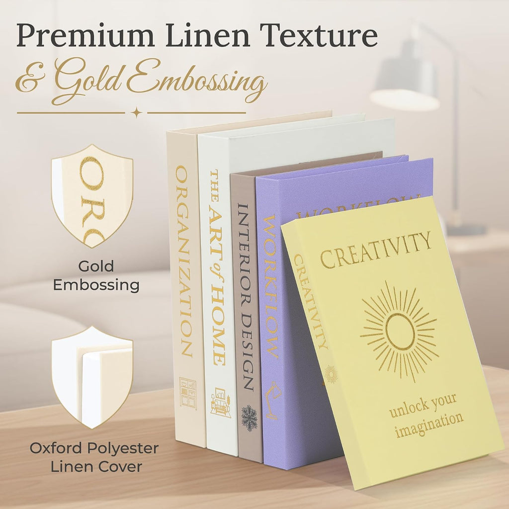 Decorative Books Set of 5 with Hidden Storage & Magnetic Closure - Oxford Linen Faux Books with Gold Foil Embossing |