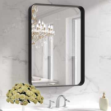 Black Metal Framed Bathroom Mirror for Wall, 22X30 Inch Rounded Rectangle Mirror, Matte Black Bathroom Vanity Mirror