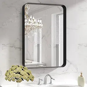 Black Metal Framed Bathroom Mirror for Wall, 22X30 Inch Rounded Rectangle Mirror, Matte Black Bathroom Vanity Mirror