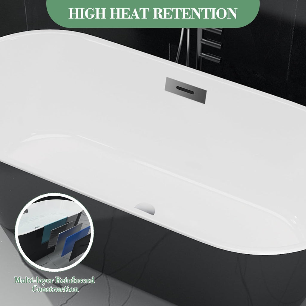 59 Inch Freestanding Bathtub, Acrylic, Deep Soaking Tub with Non-Slip Base, Modern Black Free Standing Tub for