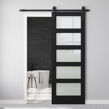 30" x 84" 5-Lites Frosted Glass Sliding Barn Door and Hardware Kit Included & 6FT Track & Handle, Ea