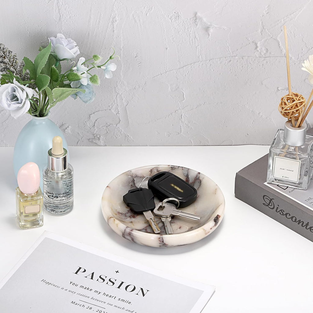 Decorative Key Holder Table Round Key Bowl Marble Nightstand Organizer for Candle Jewelry Tray for Earrings Necklaces