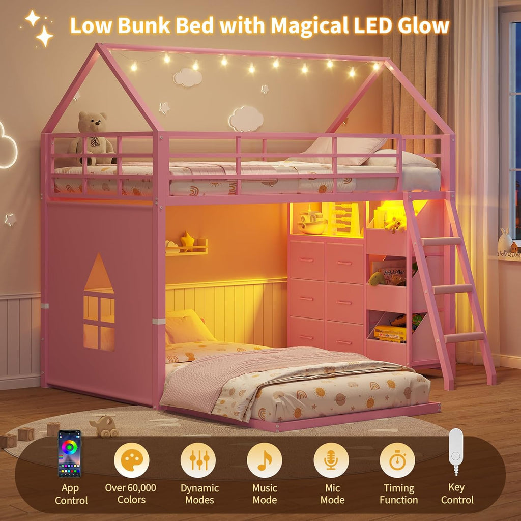 Bunk Bed Twin Over Twin with 6 Storage Drawers and 3 Open Bins, House Bunk Bed with LED Lights