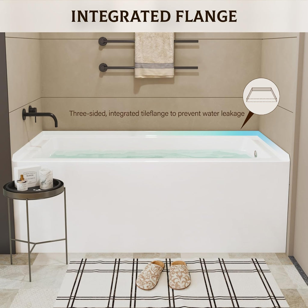 60 x 32 in Acrylic Alcove Bathtub，Glossy White Soaking Tub with Integral Apron, Right Drain, Brushed Nickel Pop Up