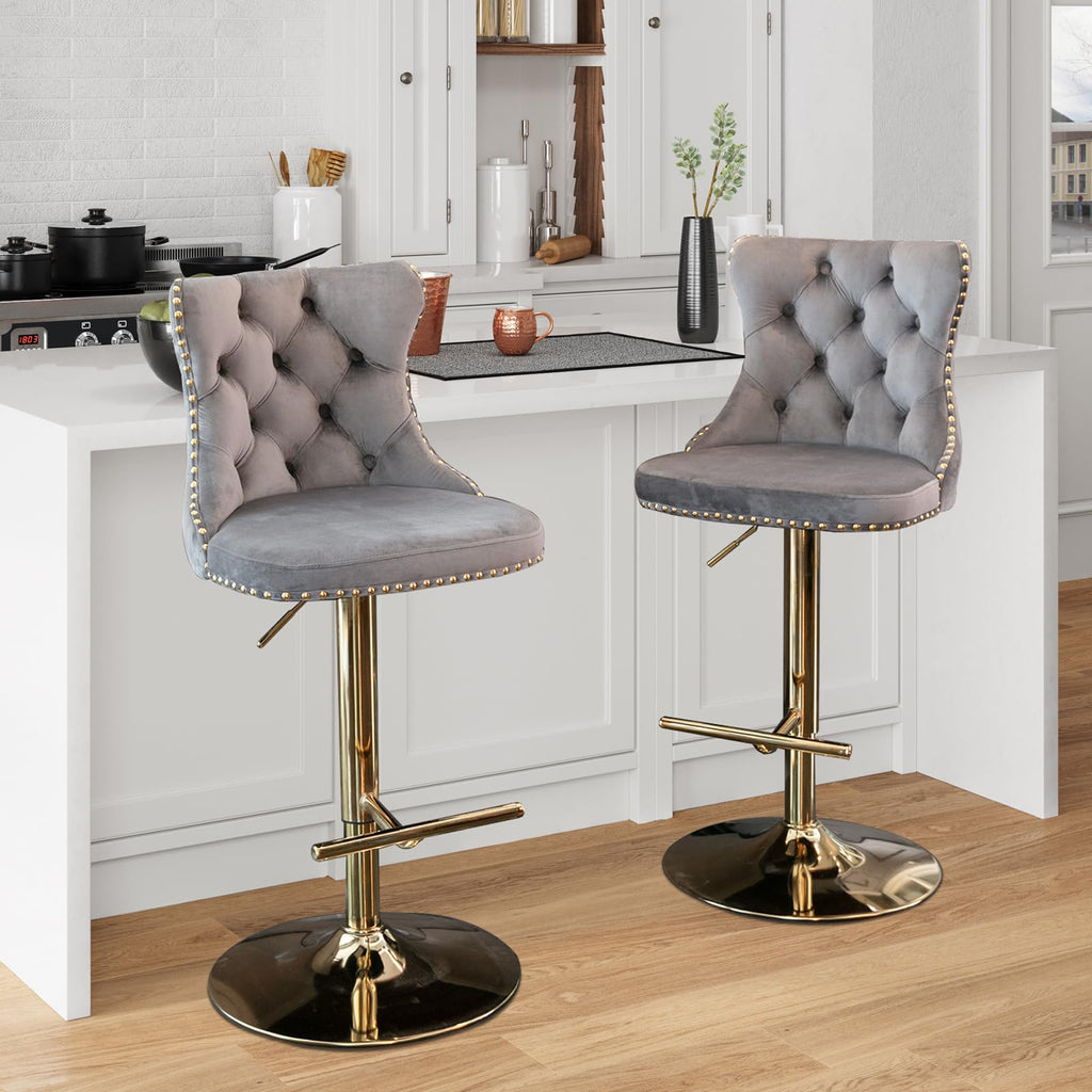 Swivel Bar Stools Set of 2, Adjustable Barstools with Back Velvet Tufted Counter Stool Modern Upholstered Bar Chairs