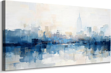 NY Skyline Wall Art Abstarct Cityscape Canvas Painting 40"x20" | new york print blue white NYC picture artwork framed