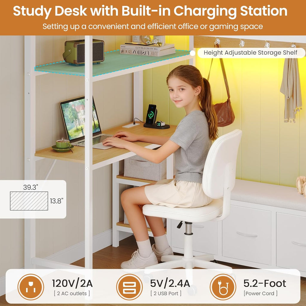 Twin Loft Bed with 6 Storage Drawers,Coat Rack and Open Shelves Metal Twin Loft Bed with Desk,Charging Station and LED