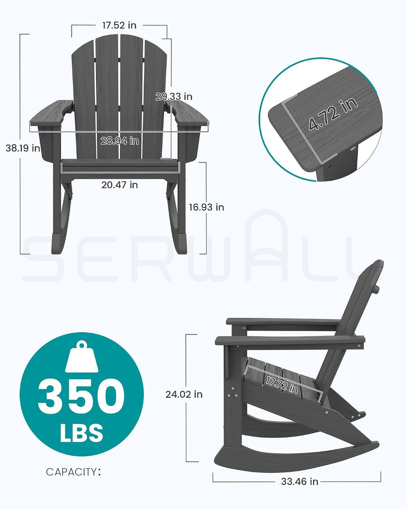 Outdoor HDPE Adirondack Rocking Chairs Set of 2, All-Weather, Grey | The rocking chair features safe rocking design