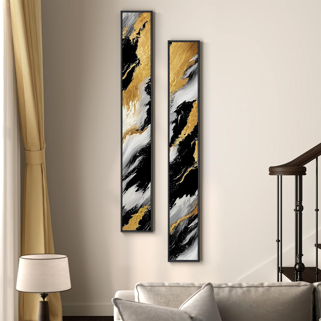 Framed Long Narrow Vertical Abstract Wall Art Set, 2 Piece Black White Gold Luxury Modern Canvas Prints Paintings