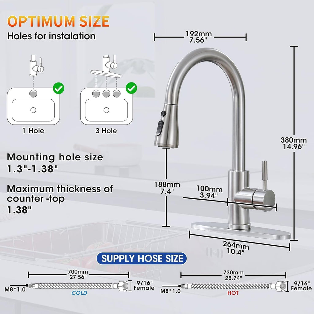 Kitchen Faucets with Pull Down Sprayer, Brushed Nickel High Arc Single Handle Stainless Steel Sink Faucet for 1 or 3