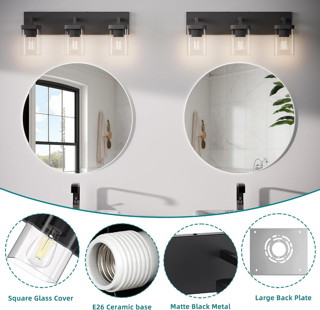 Bathroom Lighting Fixtures Over Mirror, Square Design & Rectangle Large Backplate, 3 Lights Morden Vanity Lighting