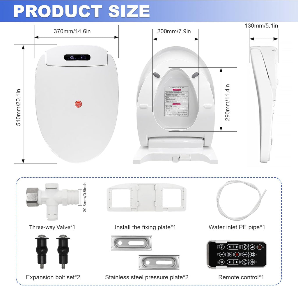 Elongated Smart Heated Bidet Toilet Seat with Slow-Close Lid, Warm Air Dryer, Remote Control, LED Light, Adjustable Temperature