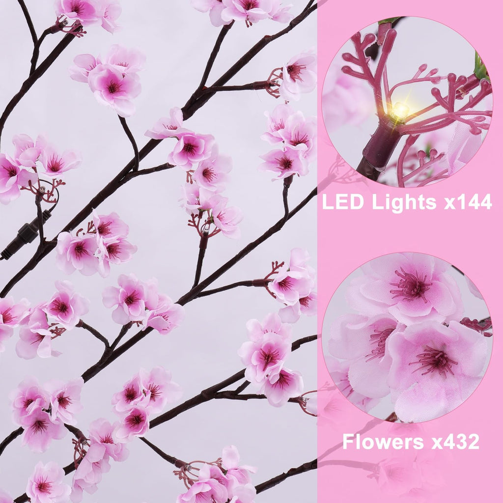 7FT Lighted Cherry Blossom Tree - Faux Artificial Light Up Pink Tree with 144 Lights, 432 Lush Flowers, Timer, Remote