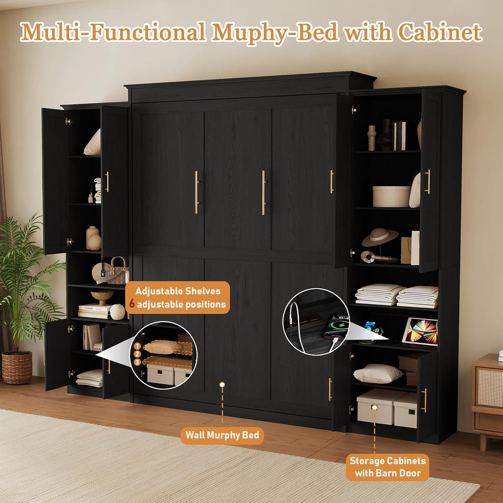 Queen Murphy Bed with 2 Storage Cabinet Shelves, Farmhouse Wood Hidden Foldable Wall Bed Frame, Space Saving Beds