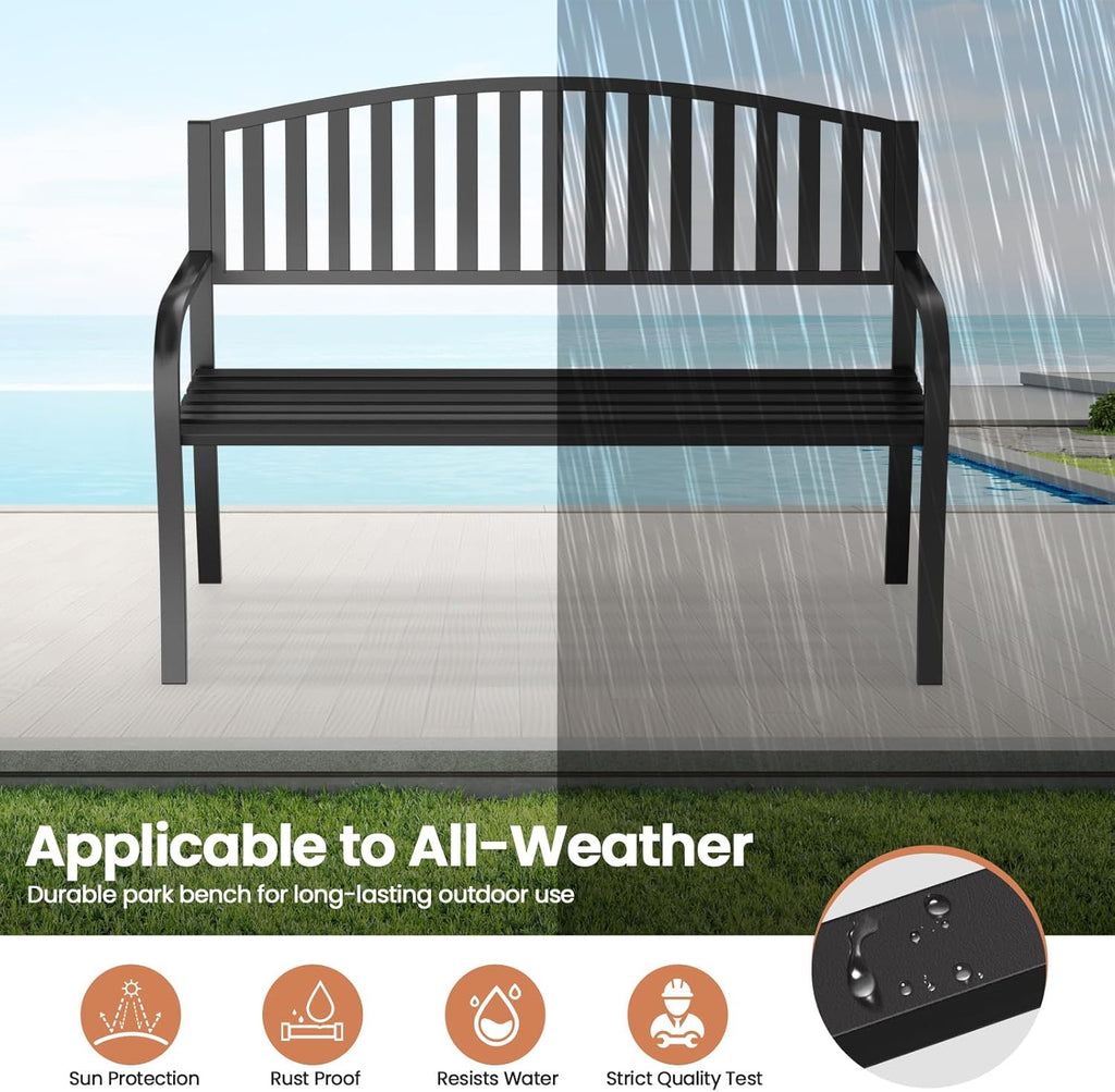 Garden Bench, 50" Outdoor Bench, 660LBS Wrought Iron Porch Bench, Patio Bench with Armrests for Garden Lawn or Yard