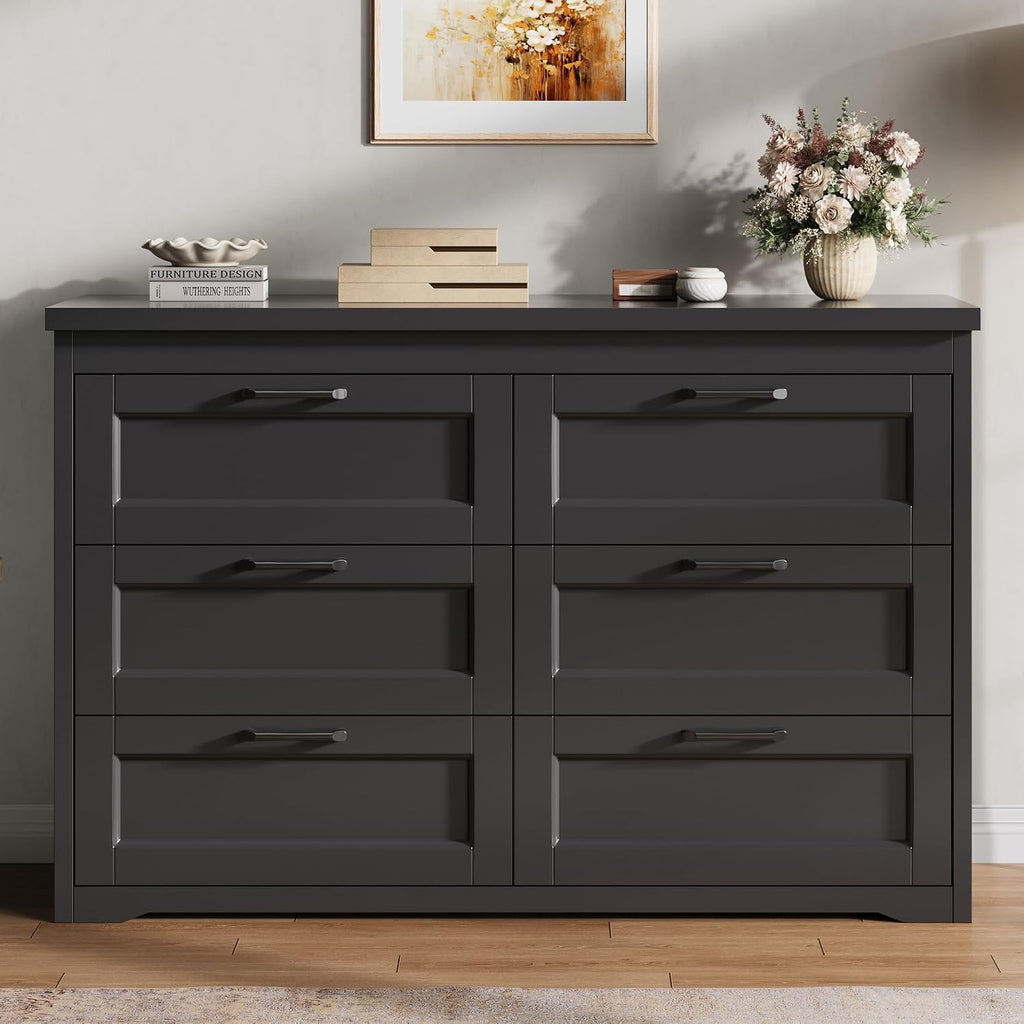 Black 6 Drawer Dresser , 47.2" Modern Chest of Drawers | Wooden Storage Dresser with Mental Handle, Large Double