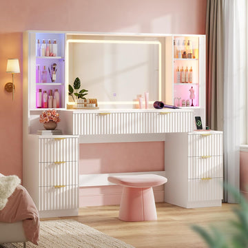 Big Vanity Desk, Fluted Makeup Vanity with Mirror Lights, Dressing Table | Large, Charging Station, Sound Sync