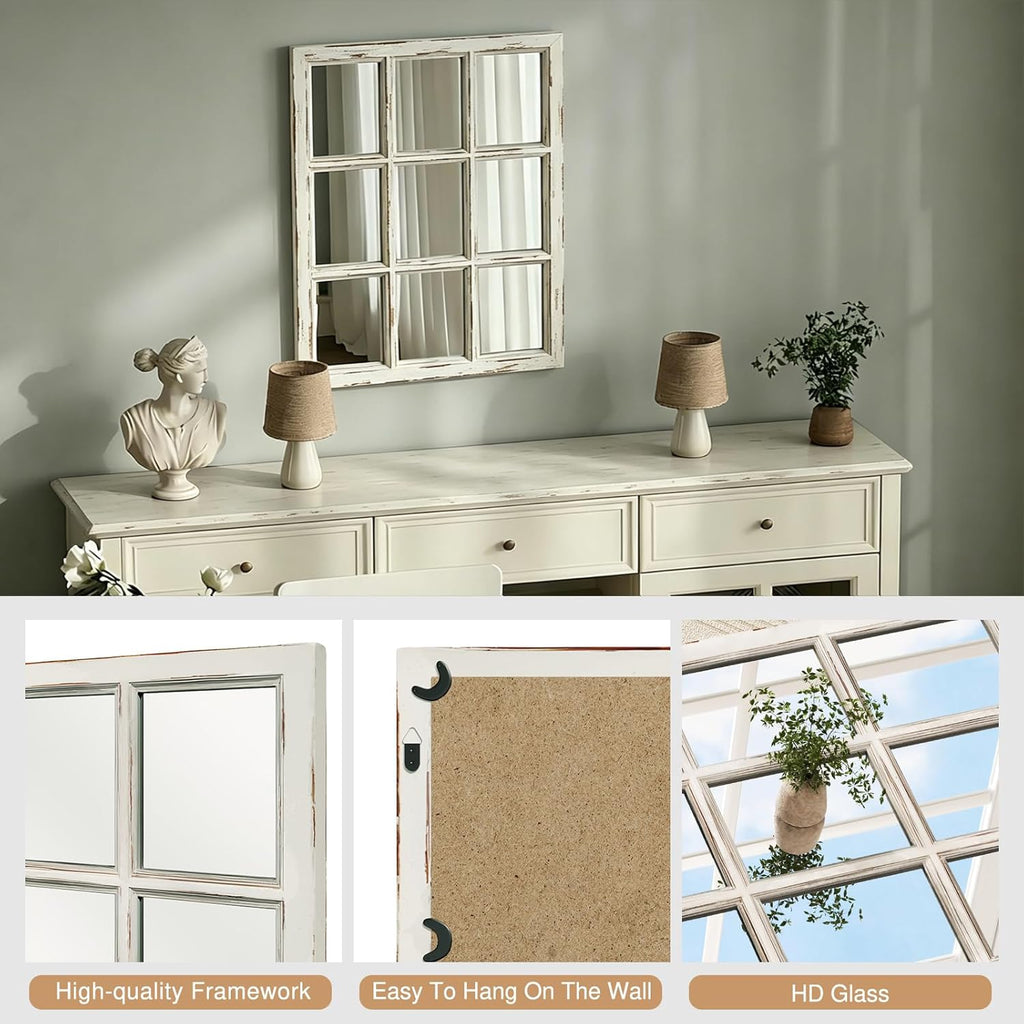 Wall Mirror Decor Farmhouse - Rustic White Window Pane Mirror Wall Decor, Rectangle Wood Mirror , Fireplace,Mantel