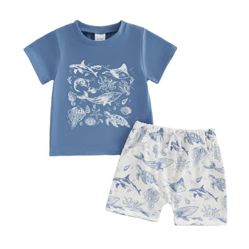 Toddler Baby Boy Clothes Sea Animals Shirt Shorts Set Blue