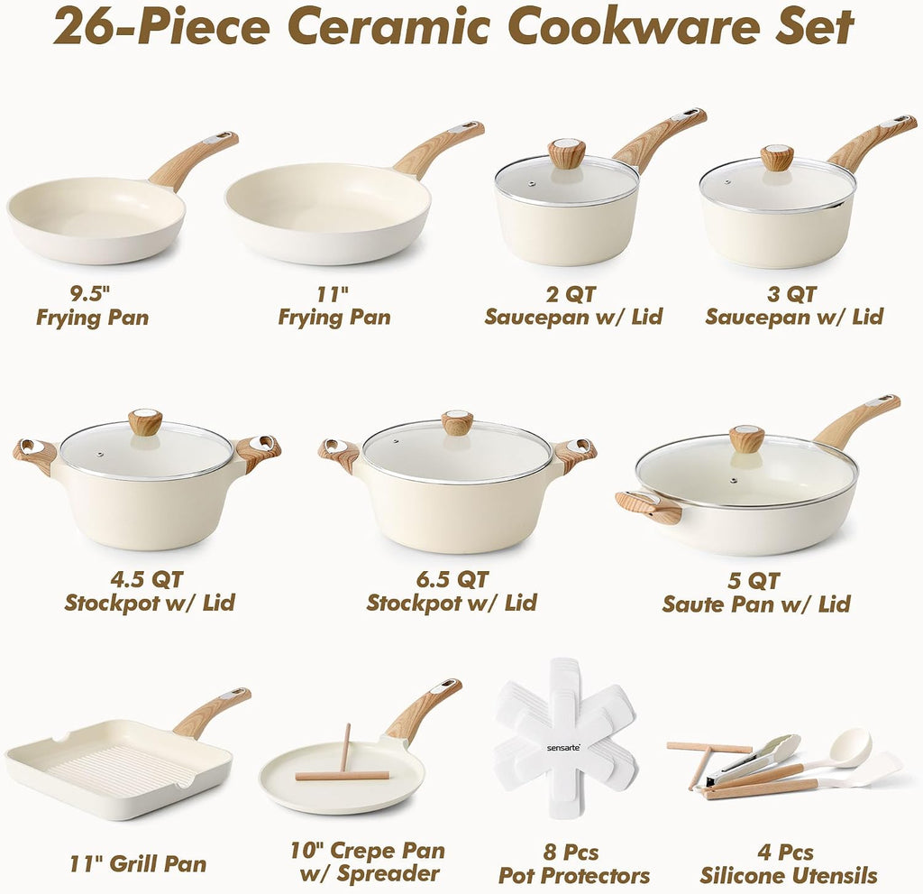 Ceramic Cookware Sets, Pots and Pans Set Non stick, Non toxic Healthy Induction Cookware, 26 Pcs Nonstick Kitchen