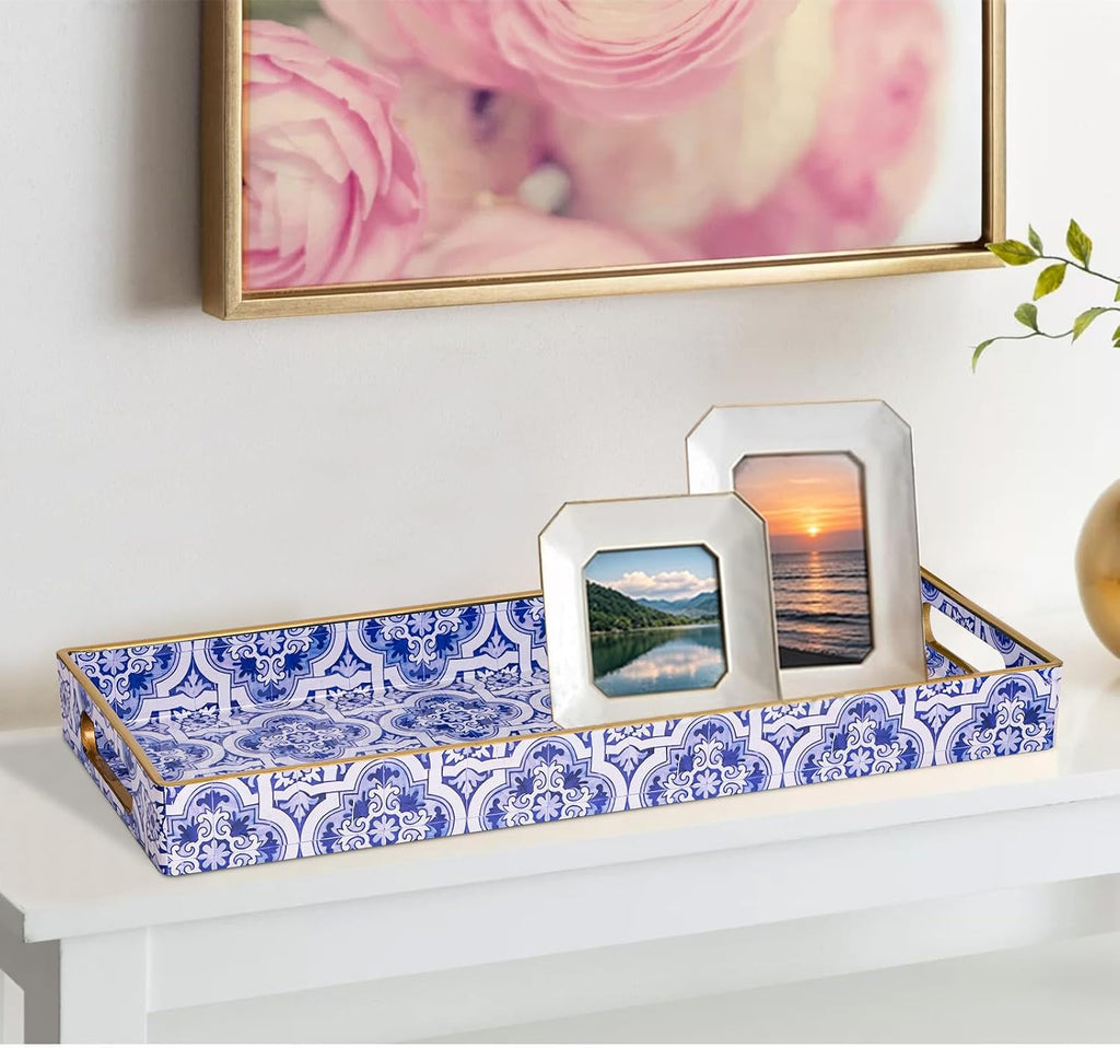 Blue Decorative Tray, Plastic Serving Tray with Handles, Rectangular Moroccan Trays, Long Narrow Trays Counter, 13.8"