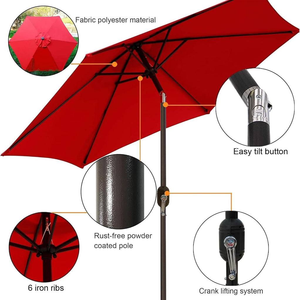 7.5 ft Patio Umbrella, Yard Umbrella, Outdoor Market Umbrella with Push Button Tilt Crank (Red)