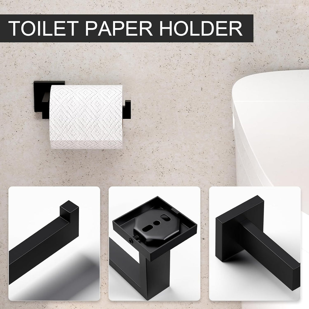 5-Piece Matte Black Bathroom Accessories Set, SUS304 Stainless Steel Wall Mounted 14.2 Inch Hand Towel Bar, Toilet