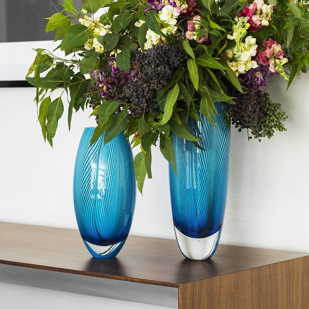 Murano Style Glass Vase Hand Blown Blue Feather Pattern Effect Home Decor