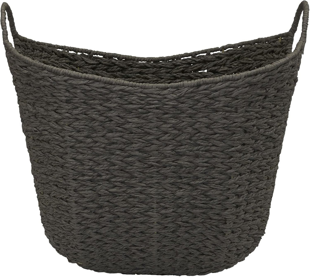 Handwoven Paper Rope Storage Basket with Metal Frame and Handles, Gray