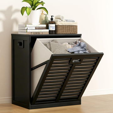 Tilt Out Laundry Hamper, Bamboo Laundry Cabinet with Hidden Removable Basket,Dirty Clothes Storage Organizer , Black