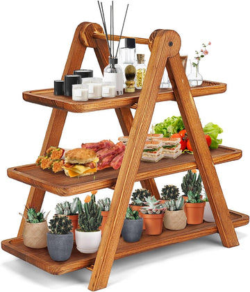 Extra Large Wood 3 Tier Serving Tray Three Tiered Cupcake Stand, Rectangle Serving Platter Wooden Farmhouse Tiered