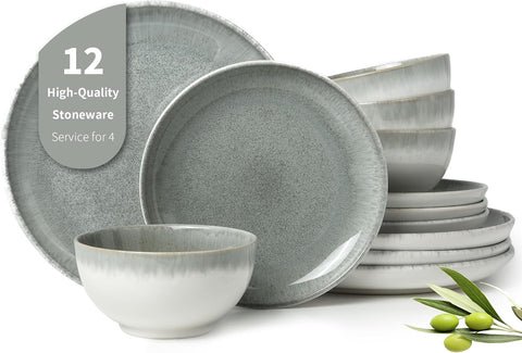 Gradient Green Stoneware Dinnerware Sets, 12 pcs Reactive Glaze Plates and Bowls Sets