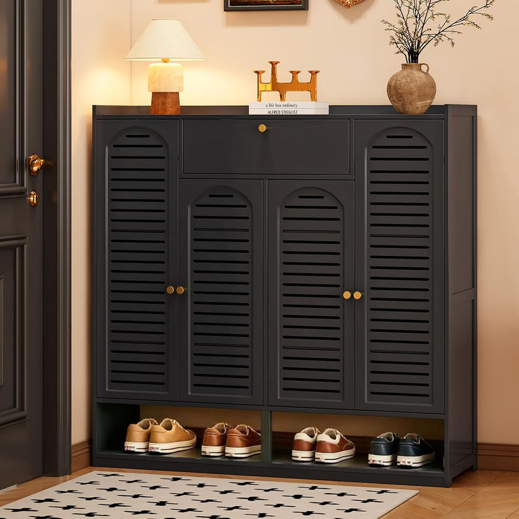 Shoe Cabinet with Louvered Doors, Freestanding Entryway Shoe Storage Cabinet with Drawer & Open Compartment, Modern