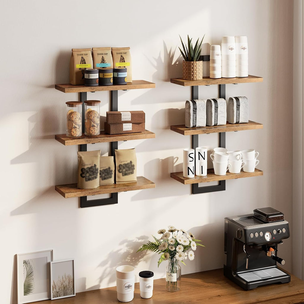 Floating Shelves, Set of 2 Wall Shelves, 3-Tier Wall Mounted Storage Shelves, Hanging Bathroom Shelves, Rustic Brown