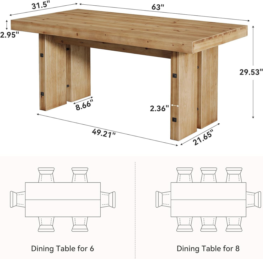 63-Inch Dining Table, Farmhouse Solid Wood Kitchen Table for 6 People, Rectangle Dinner Desks with Pedestal Base for