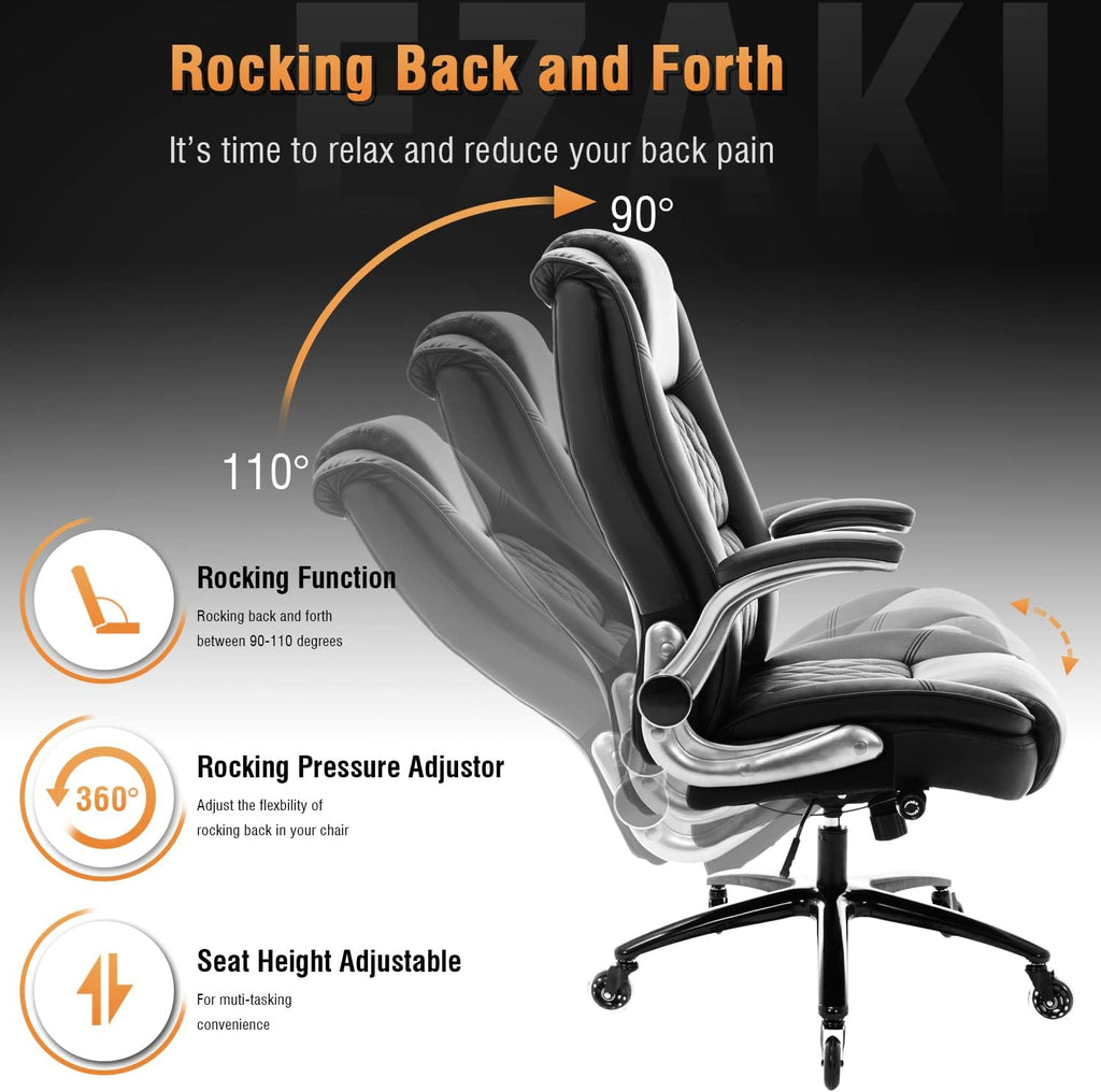 High Back - Flip Arms Adjustable Built-in Lumbar Support, Executive Computer Desk Chair Work Chairs, Thick Padded