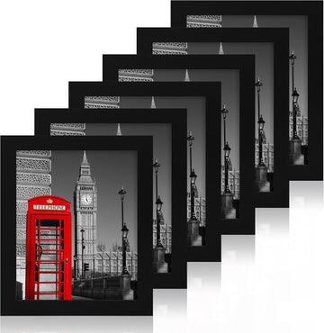 8x10 Picture Frame Set of 6, Black Frame with High Definition Real Glass, 8 x 10 Wood Photo Frames for Tabletop